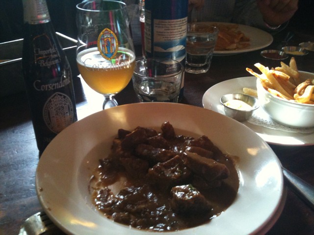 started with tuna tartare, moules &amp; frites, now with beer beef stew washed down with corsendonk abbey pale ale 